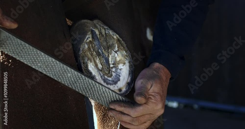 Super slow motion of a skilled equine farrier filing and repairing an old horse hoof, preparing it for shoeing. The farrier trims and rasps off excess hoof wall in the stable at 1000 fps.