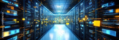 Illustration of a High-Tech Data Center Featuring Advanced Computer Systems and 3D Rendering, Set Against a Clean Background. This Image Showcases Sophisticated Composition with Depth of Field, Ambien photo