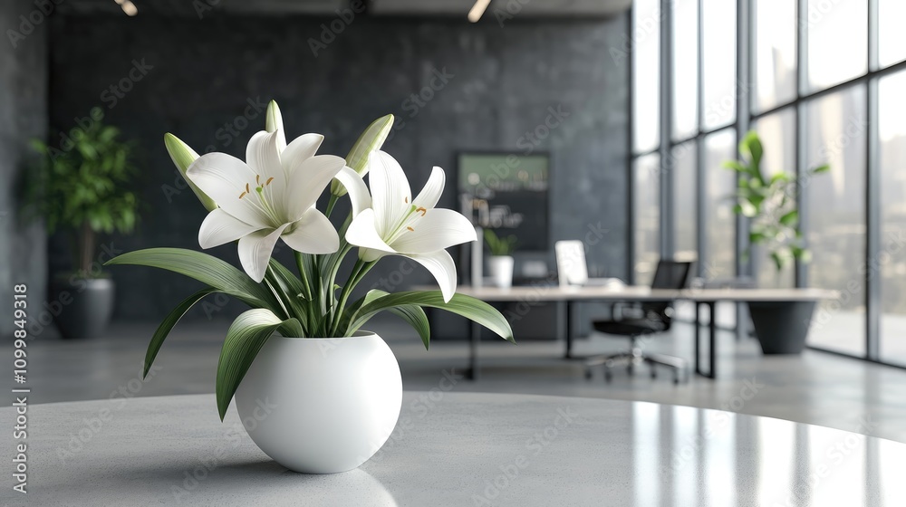 Stunning White Lily Arrangement in a Modern Workspace with Sleek Furniture and Large Windows Showcasing a Bright Urban View Stunning White Lily Arrangement in a Modern Workspace with Sleek Furniture and Large Windows Showcasing a Bright Urban View