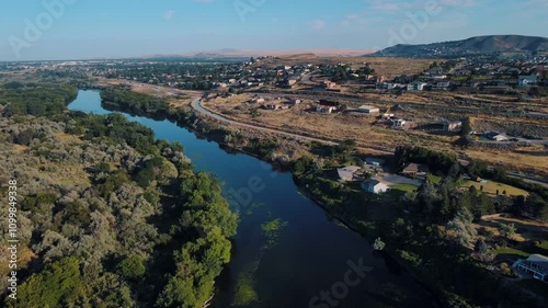 Aerial landscape of Yakima River Valley nature during summer in Kennewick Richland Washington