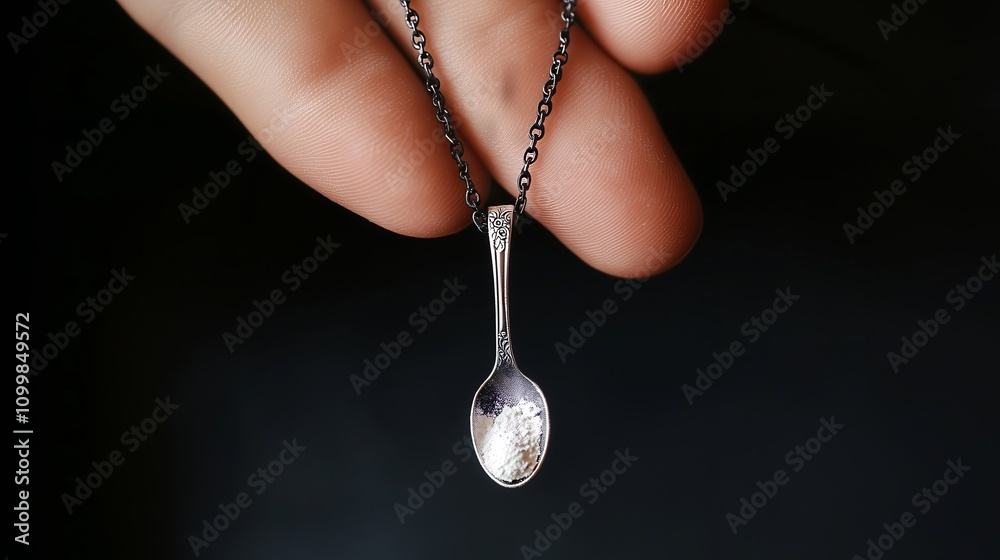 Fototapeta premium Tiny silver spoon necklace with white powder in it --ar 16:9 --v 6.1 Job ID: 0d248d4b-a974-4851-b1b8-d7c4283dbcfb