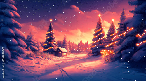 Picturesque winter scene illustration featuring a small cozy cabin nestled in snowy forest at sunset. Perfect for seasonal greetings, holiday cards, or as festive winter background