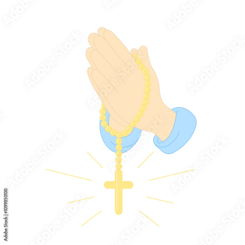 Hands in prayer with a rosary with a cross. Praying hands united for pray to god.  Vector illustration