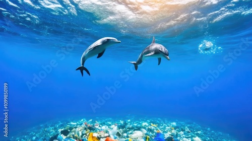 Dolphins Navigating Through Ocean Pollution