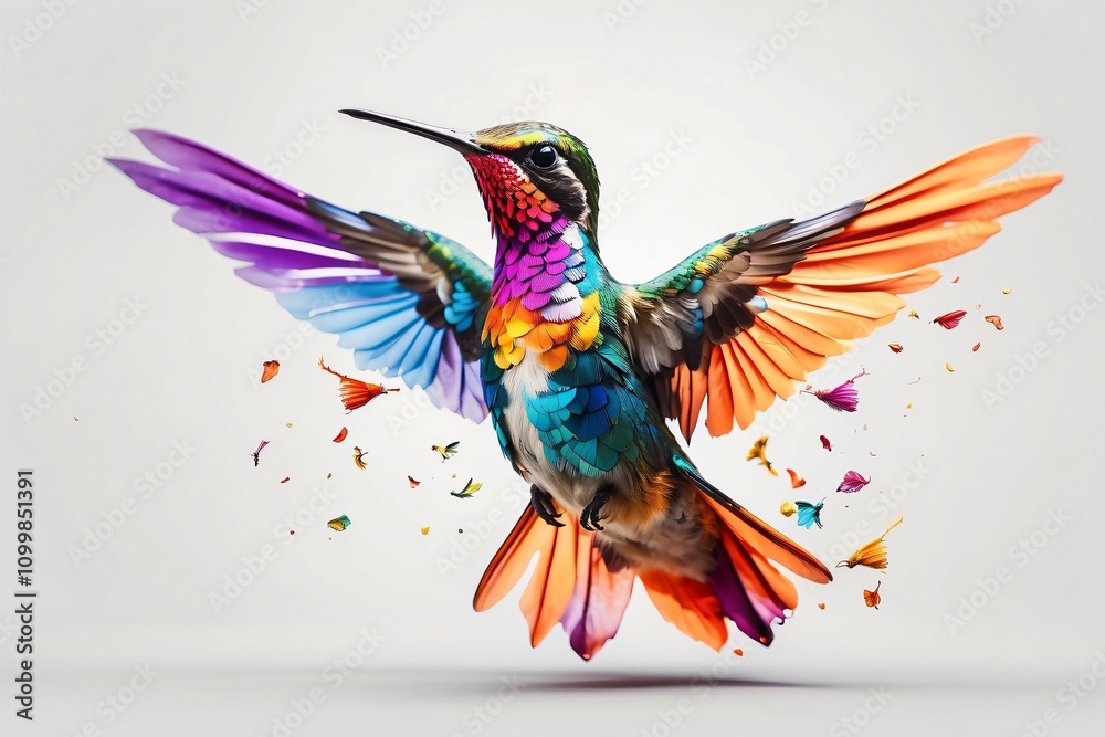 Fototapeta premium A vibrant hummingbird with colorful wings, surrounded by splashes of color.