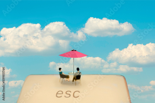 Illustration of couple sitting under parasol on oversized escape key