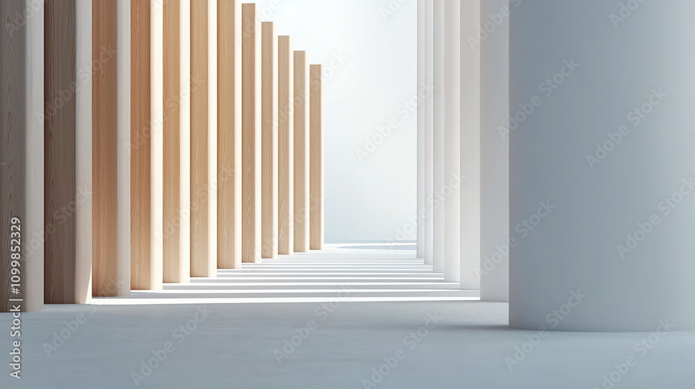 Fototapeta premium modern architectural space with tall wooden columns and soft natural light creates serene atmosphere.