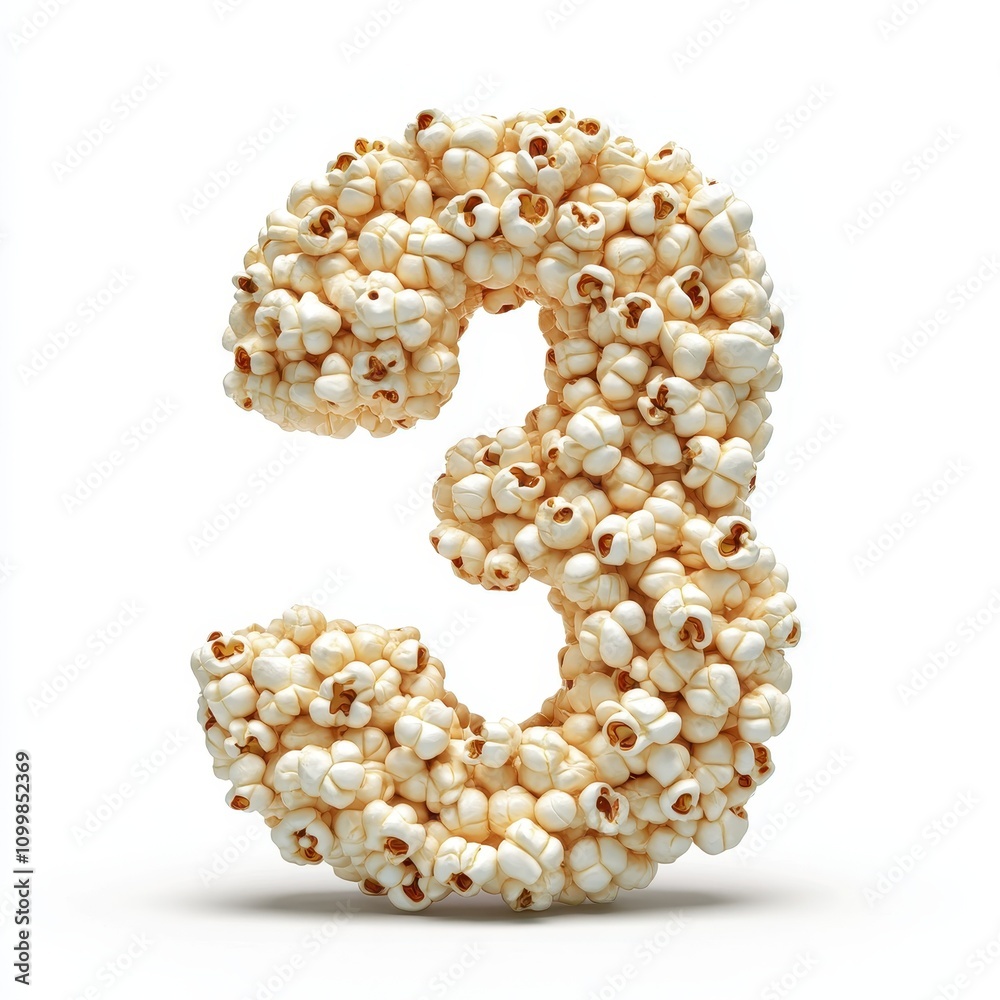 Obraz premium A number three made of popcorn, emphasizing fun and food.