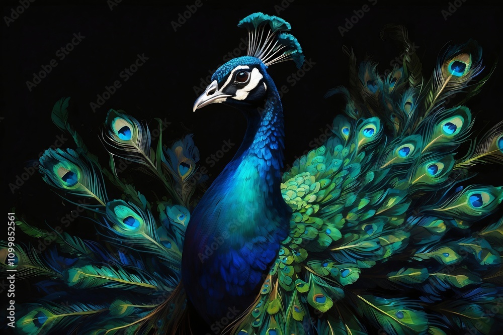 Fototapeta premium A vibrant peacock displays its colorful feathers against a dark background.