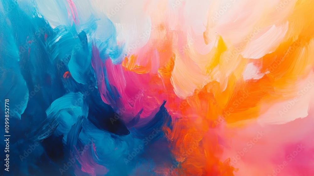 Fototapeta premium Abstract vibrant color painting, blue pink orange brushstrokes, dynamic texture art, modern colorful art