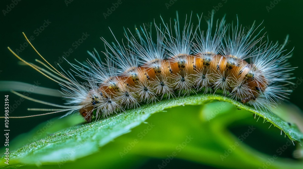 Fototapeta premium Close-up of a hairy caterpillar on a green leaf.