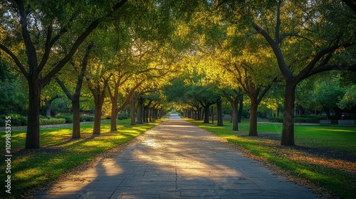 Sunlit Pathway Through Autumnal Tree Lined Park