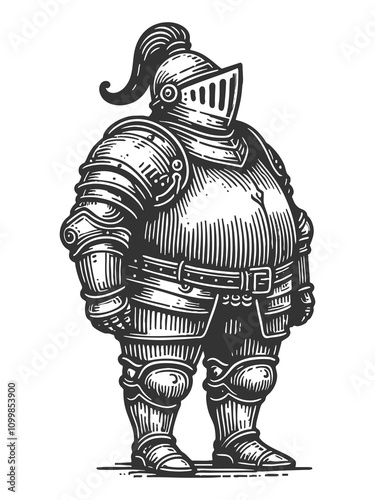 Fat overweight rotund knight in full armor, blending humor and medieval charm sketch engraving generative ai raster illustration. Scratch board imitation. Black and white image. photo