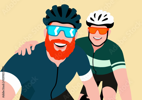 Cheerful friends riding bicycle against orange background photo