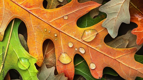 Close-up of colorful autumn leaves with water droplets. photo