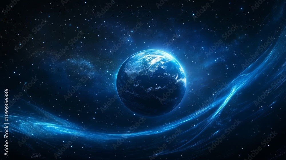 Fototapeta premium Earth in the universe, gradient 3D blue technological curves, blue background, blue earth background.
