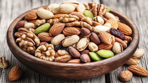 Close Up of Mixed Nuts in Wooden Bowl: Healthy Snack photo