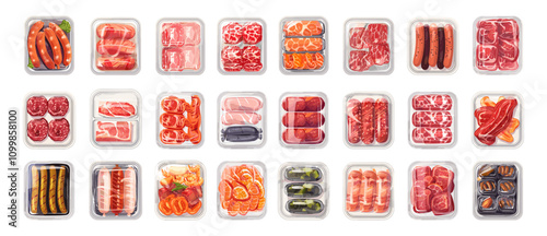Cartoon meat products in plastic tray. Beef pork bacon steak chicken fillet and sausage in vacuum packaging containers, cooled fresh and frozen semi finished food culinary, isolated illustrations
