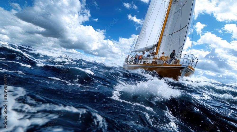Fototapeta premium A group of sailors on a sailboat battles challenging ocean waves near majestic snowy mountains under a cloudy sky. The scene captures the thrill of adventure and nature's beauty