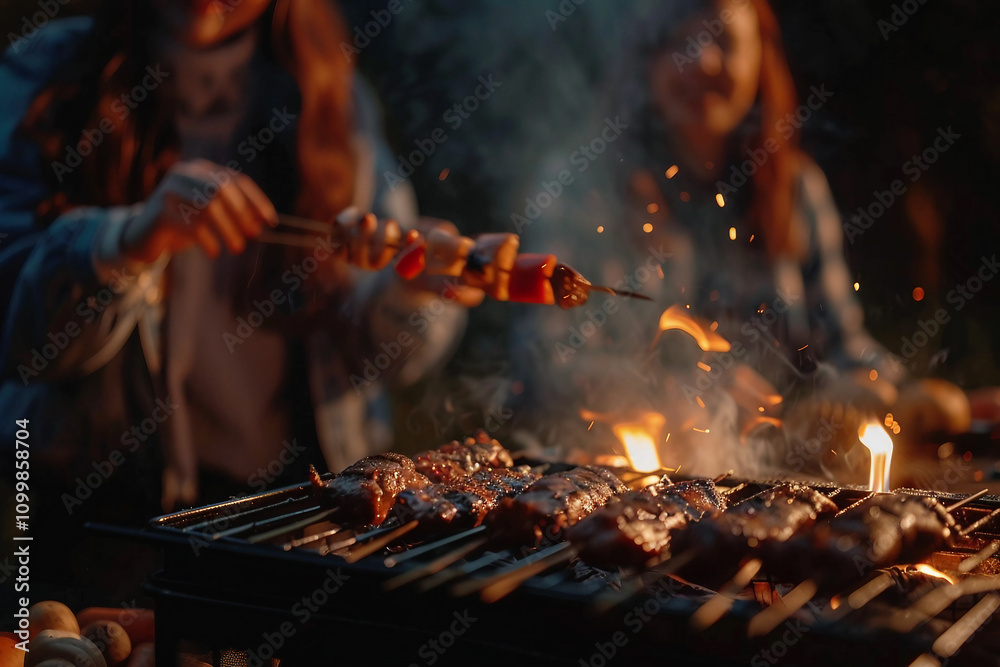 Fototapeta premium Generative AI Happy Kid Man Woman Family Couple friends Enjoying BBQ Picnic Celebrating Summer Weekend Outdoors