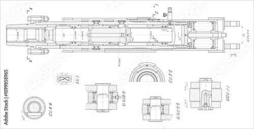 Vector mechanical part earthmoving machine (excavator).
Engineering assembly drawing of steel device
with dimension lines. Industrial technic 
cad scheme on white paper sheet. Machined tool - shaft. 