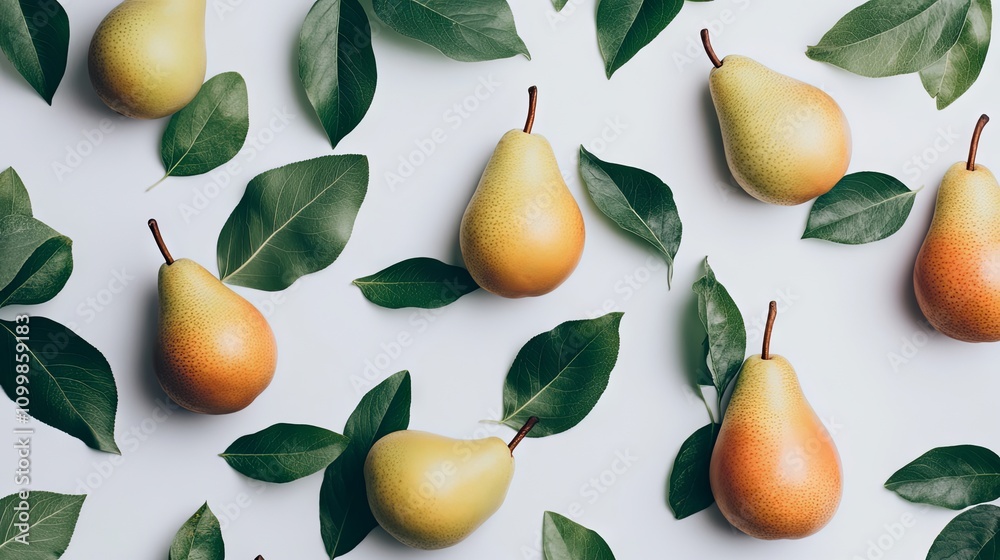 Obraz premium Fresh Pears with Green Leaves on White Background - Minimalist Still Life
