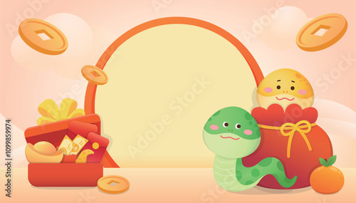 Chinese new year poster, round frame template, gift box with a lot of wealth and cute snake mascot