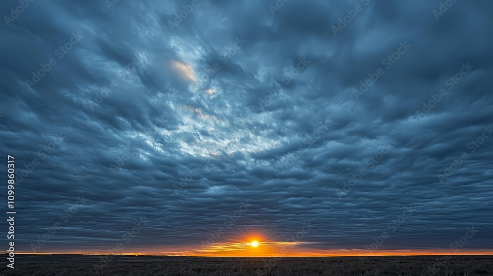 Obraz premium Dramatic sunset with dark, textured clouds over flat landscape.