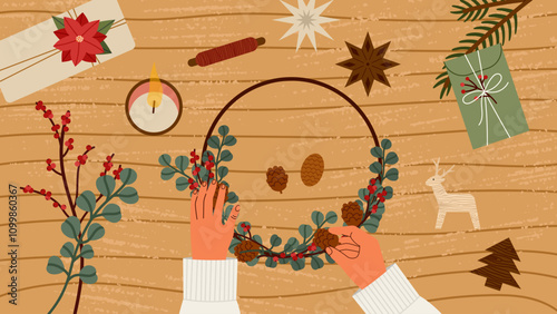 Woman making natural wreath top view