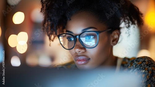 Dedicated employee intensely focused on computer work in a dimly lit environment, showcasing perseverance and concentration amid fatigue. photo