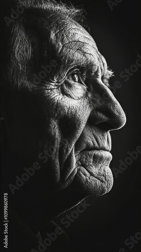 A black-and-white portrait of an elderly man with deep wrinkles, gazing out a window, eyes filled with nostalgia and longing, against a plain dark backdrop. 
