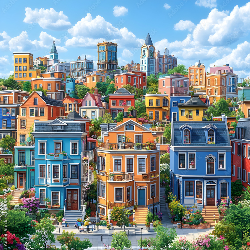 Obraz premium Colorful hillside town with vibrant houses, lush greenery, and clear blue sky.