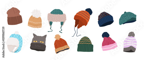 Winter hats set. Wool caps, knitted beanie, hat with earflaps for men, women and kids. Fashion head accessories, warm garments for cold weather. Isolated flat vector illustrations on white background.