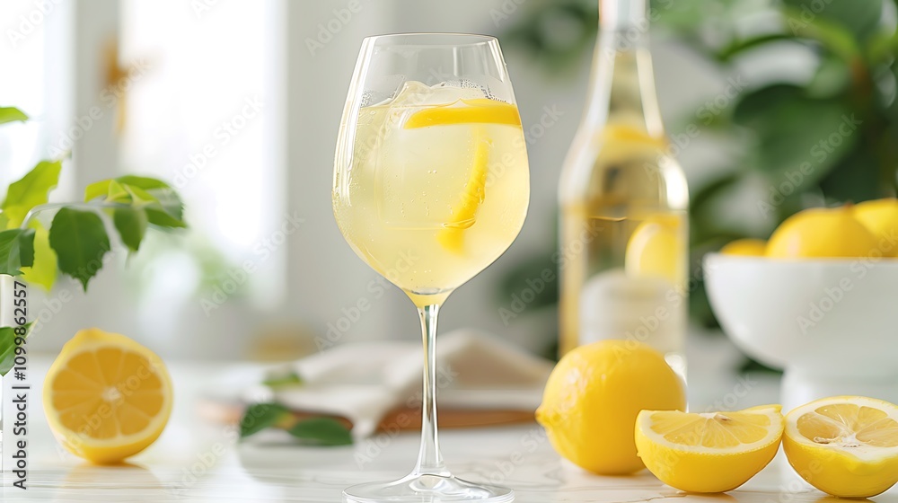 Fototapeta premium A refreshing drink in a glass with lemon slices, surrounded by fresh lemons and greenery, evoking a bright, summery vibe.