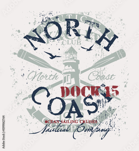 North coast ocean sailing cruises nautical company vintage vector print for boy kid man marine wear t shirt 
