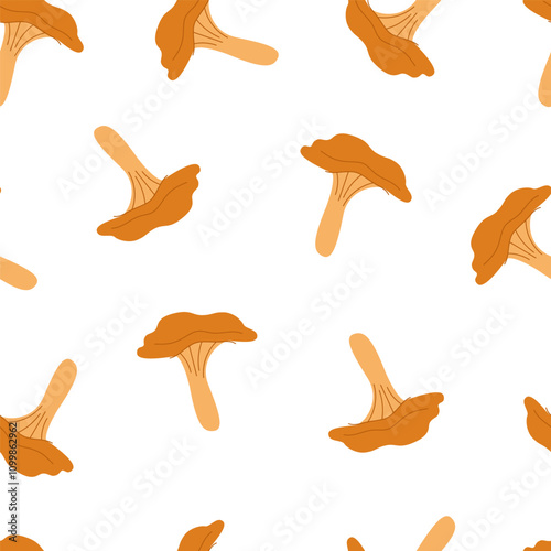 Seamless fungi pattern with chanterelles and red pine mushrooms on white background. Endless repeatable texture. photo