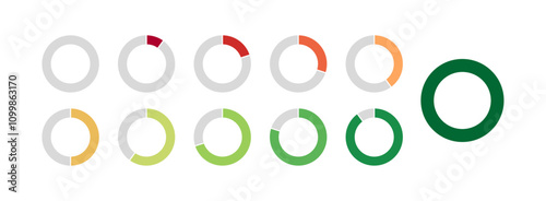Circle Loading indicator. Progress bar. Loading Indicator. Percentage circle meters from 0 to 100 for web design, user interface UI or infographic. 0 10 20 30 40 50 60 70 80 90 100 percent.