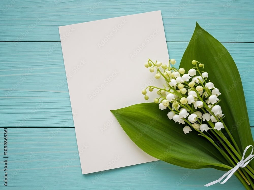 Bouquet of flowers lily of the valley and empty paper sheet on turquoise rustic table from above, beautiful vintage card, top view, space for text, flat lay.