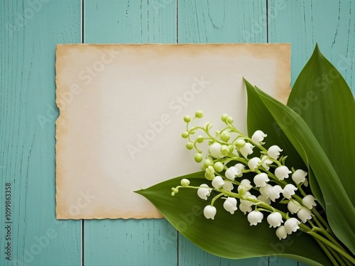 Bouquet of flowers lily of the valley and empty paper sheet on turquoise rustic table from above, beautiful vintage card, top view, space for text, flat lay.