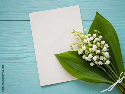 Bouquet of flowers lily of the valley and empty paper sheet on turquoise rustic table from above, beautiful vintage card, top view, space for text, flat lay.