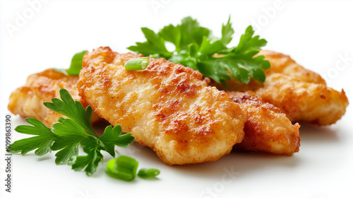 Kotlet schabowy pieces with parsley garnish on white background