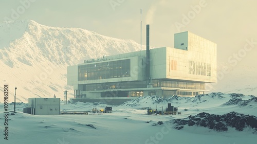 A Bright and Transparent Cyberpunk-Style Factory Set Against Snowy Mountains, Showcasing a Modern Production Environment That Highlights Advanced Manufacturing Capabilities and Efficient Management. T