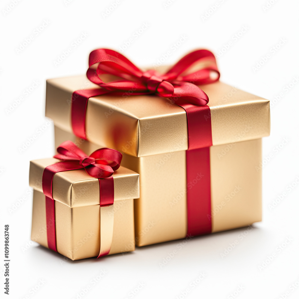 Fototapeta premium Golden gift boxes with red ribbon bow isolated on white background