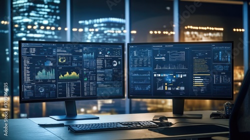 Wallpaper Mural Modern Digital Workstation with Dual Monitors at Night Torontodigital.ca