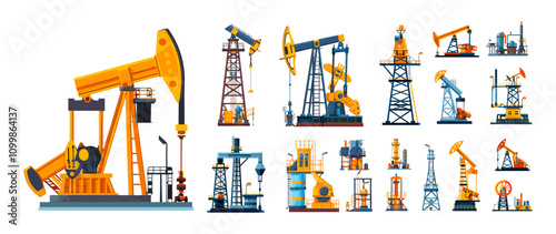 Cartoon oil well with drilling petroleum towers. Pump rig industry extraction derrick stations, fuel and gas transportation heavy machinery facility plants, isolated vector illustrations photo