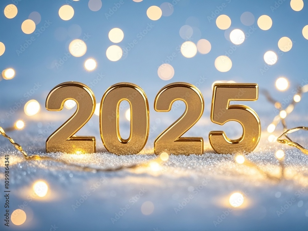 Golden digits in 2025 number with bokeh lights in the background. 2025 new year backdrop. Light blue and soft