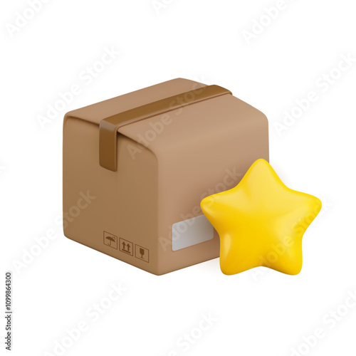 Vector cartoon 3d premium parcel delivery concept. Cute realistic closed cardboard box package with gold star, 3d successful received order, shipping quality control, best logistics sign for app, web.