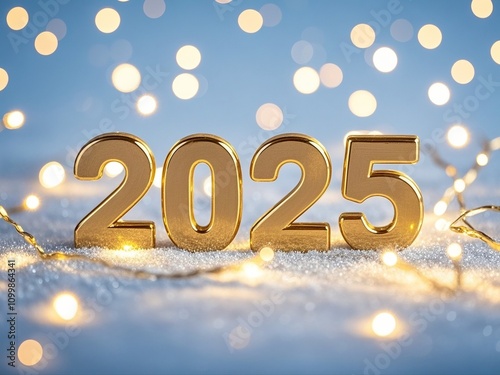 Obraz na płótnie Golden digits in 2025 number with bokeh lights in the background. 2025 new year backdrop. Light blue and soft w salonie