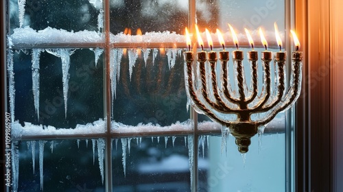 Menorah with lit candles in snowy window with icicles. photo