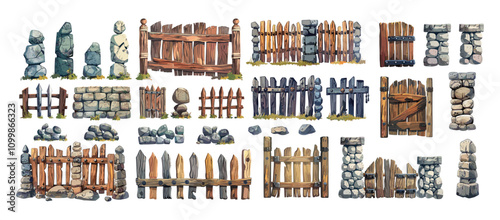 Cartoon old fences set. Medieval stones walls and timber wood gates, countryside rock palisades with boulders fortifications, decorative garden rural elements, isolated vector illustrations